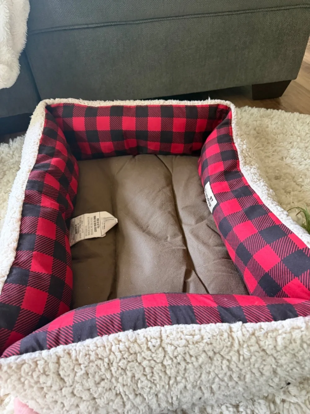 Soft Cozy Sherpa Dog Bed with Red Buffalo Plaid Trim exterior with red and black